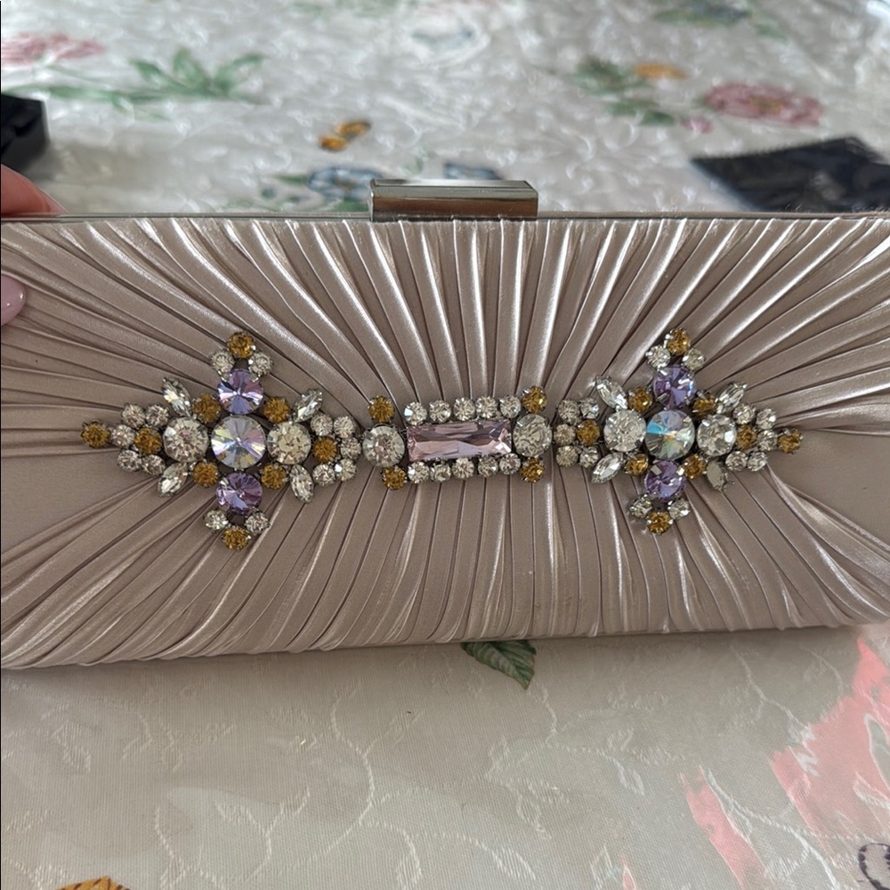 Silver Pleated Clutch with Crystal Embellishments